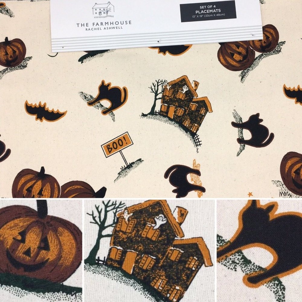 x4 Rachel Ashwell Farmhouse Halloween Placemat Set Haunted House Pumpkin Blk Cat